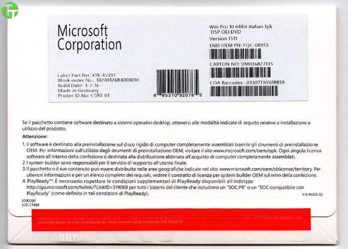 本物の紫色のWindows 10 COA免許証のステッカーのWindows 10プロOEM DVD +キー免許証